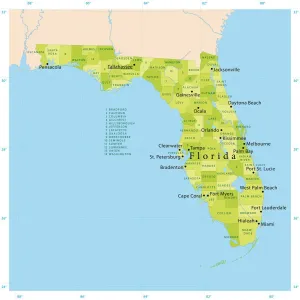 Drucke von Sehr detaillierte Vektorkarte von Florida, Vereinigte Staaten. Das Datei wurde am 23. Januar 2012 erstellt. Die Farben in der.eps-Datei sind für Druck bereit (CMYK) Fotorealistische Kunstwerke Drucke: Floridas Vektorkarte