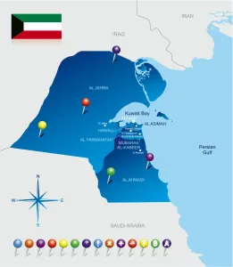 Drucke von Ein detailliertes Kartenbild des Staates Kuwait, das die geografischen Merkmale und Grenzen des Landes darstellt Karte Drucke: Karte des Emirats Kuwait