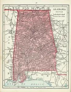 Vintage US Maps Drucke: Map Of The State Of Alabama