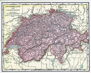 Antique European Maps Drucke: Map Of Switzerland And Liecthenstein