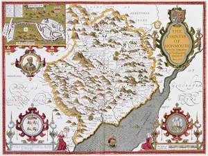 Drucke von Der Grafschaft Monmouth, gezeichnet von Jodocus Hondius (1563-1612) aus John Speed's Theatre of the Empire of Great Britain, publiziert von John Sudbury und George Humble John Speed Drucke: Privatsammlung.