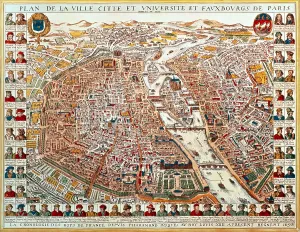 Drucke von Plan von Paris, begrenzt durch eine chronologische Reihe von Porträts der Könige Frankreichs von Pharamond bis Ludwig XIV., 1698 (handkolorierte Radierung) (Foto von Art Images via Getty Images) Karte Drucke: Privatsammlung.
