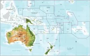 Australien Drucke: Kompas-Rose , Äquator , Indischer Ozean , Internationale Datellinie , Karte , Melanesien