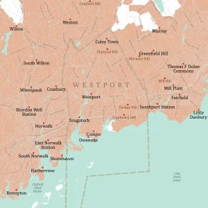 Drucke von CT Fairfeld Westport Vektor Straßenkarte . Alle Quellendaten sind im öffentlichen Bereich verfügbar. US-amerikanische Volkszählungsbehörde Zensus Tiger Bilder Datiert 2021 April: Karte von CT Fairfield Westport Vector Straße
