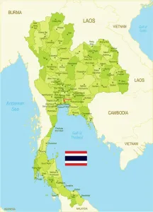 Drucke von Detailliertes Kartenbild von Thailand mit Umgebung, Provinzen, Hauptstadt und Flagge Eine kuratierte Sammlung: Flachkartenschilderthailand mit Flagge
