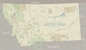 Eine flache Karte des montanischen Bundesstaates und Umgebung