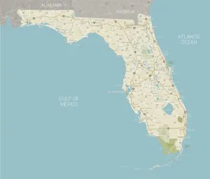 Drucke von Ein detaillierter Kartenplan von Florida mit Städten, Straßen, großen Flüssen und Seen sowie nationalen Parken und -forsten. Umfasst benachbarte Bundesstaaten und die umgebenden Gewässer Nesophontidae Drucke: Floridas Staatskarte