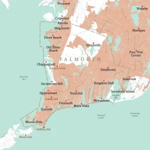 Drucke von MA Barnstable Falmouth Vector Straßenkarte. Alle Quelldaten sind im öffentlichen Eigentum. U.S.-Büro für das Census Bureau Census Tiger Bilder Datiert 2021 April: MA Barnstable Falmouth Vector Straßenkarte