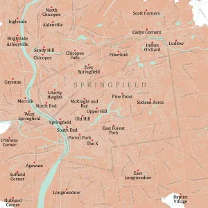 Hampdens Straßenkarte von Springfield, USA - Vektor-Route-Karte