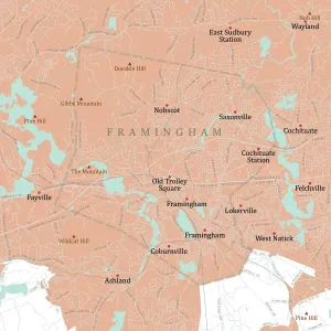 Digital City Maps USA Drucke: MA Middlesex Framingham Vector Road Map
