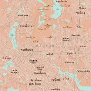 Massachusetts County Map Drucke: MA Middlesex Medford Vector Road Map