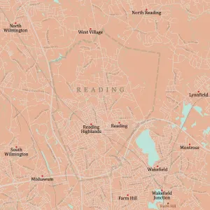 Massachusetts County Map Drucke: MA Middlesex Reading Vector Road Map