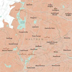Massachusetts Vector Map Drucke: MA Middlesex Waltham Vector Road Map