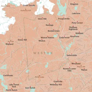 Massachusetts County Map Drucke: MA Middlesex Weston Vector Road Map