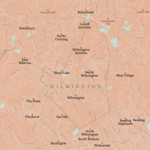 Massachusetts County Map Drucke: MA Middlesex Wilmington Vector Road Map