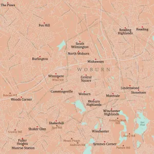 Massachusetts County Map Drucke: MA Middlesex Woburn Vector Road Map
