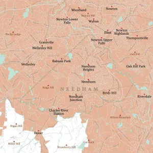 Public Domain Maps USA Drucke: MA Norfolk Needham Vector Road Map