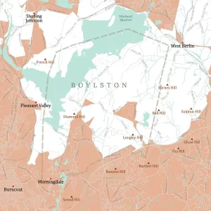 Massachusetts County Map Drucke: MA Worcester Boylston Vector Road Map