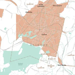 Massachusetts County Map Drucke: MA Worcester Clinton Vector Road Map