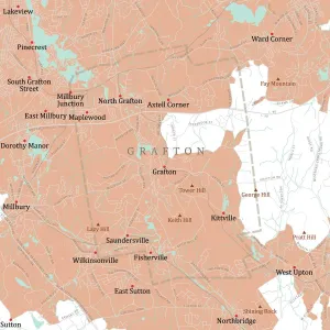 Massachusetts County Map Drucke: MA Worcester Grafton Vector Road Map