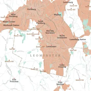 Massachusetts County Map Drucke: MA Worcester Leominster Vector Road Map