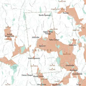 Massachusetts County Map Drucke: MA Worcester Spencer Vector Road Map