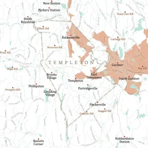 Massachusetts County Map Drucke: MA Worcester Templeton Vector Road Map