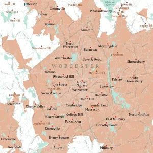 Digital City Maps USA Drucke: MA Worcester Vector Road Map