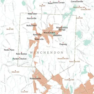 Massachusetts County Map Drucke: MA Worcester Winchendon Vector Road Map