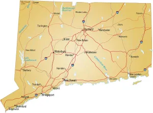 Drucke von Vektorillustration einer Karte von Connecticut mit wichtigen Straßen, Flüssen und Seen Connecticut Drucke: Karte von Connecticut