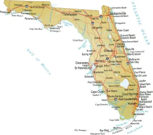 Drucke von Vektormuster der Karte von Florida mit Hauptstraßen, Flüssen und Seen Säugetiere Drucke: Karte von Florida