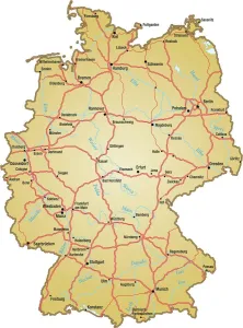 Drucke von Vektorillustration einer Karte Deutschlands mit Hauptstraßen, Seen und Flüssen Nesophontidae Drucke: Karte von Deutschland mit allen Namen der Hauptstädte