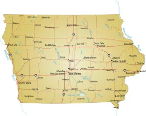 Drucke von Vektorillustration einer Karte von Iowa mit Hauptstraßen, Flüssen und Seen Iowa Drucke: Karte von Iowa
