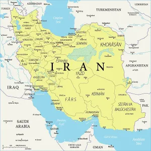 Drucke von Die Karte zeigt Iran, ein islamischer Staat zwischen dem Kaspiischen Meer im Norden und dem Persischen Golf im Süden. Der Land ist offiziell als Islamische Republik Iran bezeichnet Karte Drucke: Karte des Irans
