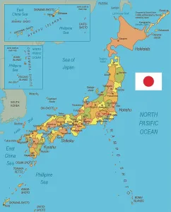 Drucke von Referenzkarten Karte Drucke: Karte Japans mit Flagge.