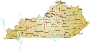 Drucke von Vektorillustration einer Karte von Kentucky mit Hauptstraßen, Flüssen und Seen Fotorealistische Kunstwerke Drucke: Karte von Kentucky