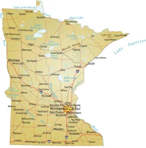 Drucke von Bildzeichnung einer Illustration der Karte von Minnesota mit Hauptstraßen, Flüssen und Seen Nesophontidae Drucke: Karte von Minnesota
