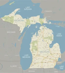 Drucke von Ein detaillierter Kartenplan von Michigan enthält große Autobahnen, Städte, Flüsse und Seen. Die Elemente werden gruppiert und getrennt für einfache Farbveränderungen Karte Drucke: Michigan-Karte