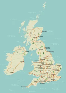 Drucke von Ein einfacher Kartenbild der Vereinigten Kingdom mit Straßen und wichtigen Städten und Städte benannt Verwandte Bilder Drucke: Einfacher Kartenplan Großbritanniens