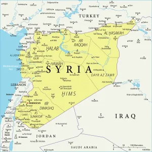Drucke von Eine Karte, die das komplexe geopolitische Landschaft des Landes in den Fokus stellt Karte Drucke: Syrien Landkarte