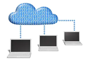 Cloud Computing Concept Drucke: Three notebooks connected to a cloud which is filled with binary code