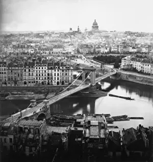 Drucke von Um circa 1860 zu sein: Ein Blick über Paris mit dem Pont Louis Philippe im Vordergrund. Der Brückenzug kreuzt den Fluss Seine, via der Île Saint-Louis Pantheon Drucke: Pariser Panoramablick