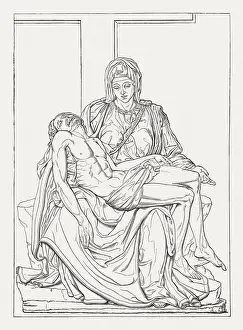 Drucke von Die berühmte Kunstwerk zeigt das Körper Jesus auf dem Schoß seiner Mutter Maria nach der Kreuzigung Michelangelo Buonarroti Drucke: Die Pietà (Sankt Peter's Basilika)