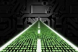 Computer Science Illustration Drucke: Road made of binary code leading towards a stylized circuit board