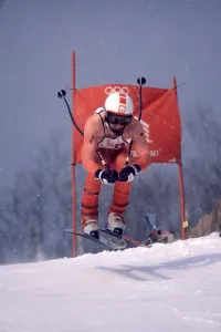 Drucke von Olympische Winterspiele in Lake Placid 1980. Der liechtensteinische Skifahrer Andreas Wenzel während der Vorbereitung für den Herrenabfahrt. Februar 1980 Liechtenstein Drucke: Andreas Wenzel 1980
