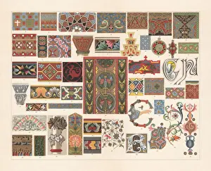 Middle Ages Art Drucke: Various patterns of the Middle Ages, chromolithograph, published in 1897
