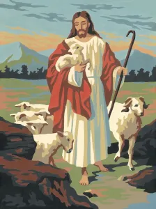 Drucke von Ein sanftes Lächeln auf dem Gesicht, ein Blick in die Ferne: Jesus steht unter den Schafen, seine Liebe und Güte für alle sichtbar Pop-Art Drucke: Jesus mit einer Herde Schafe