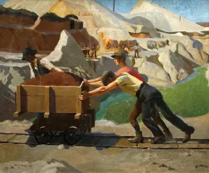 Drucke von Öl auf Leinwand, Newlyn-Schule, 1923. Blick auf die Leswidden China Clay Works nahe St Just. Diese Malerei zeigt die harten und anstrengenden Arbeitsbedingungen eines Chinasleimgrubes Impressionistische Gemälde Drucke: Der Tonbrennplatz, Harold Harvey (1874-1941)