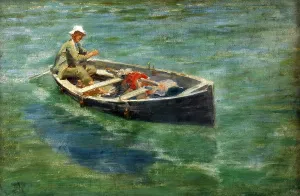 Drucke von Öl auf Leinwand, Newlyn School, spätes/frühes 19. Jahrhundert / frühes 20. Jahrhundert. Ein Mann rudert in einem kleinen Boot Aquarellbilder Drucke: Grüne Gewässer, von Henry Scott Tuke (1858-1929)