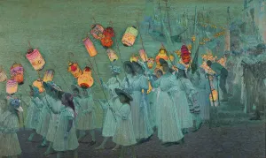 Drucke von Öl auf Leinwand, Newlyn School, Juni 1897. Diese Gemälde ist eine wunderbare Aufzeichnung einer Kerzenprozession zur Feier von Königin Victorias Diamantenjubiläum im Jahr 1897 Vereinigtes Königreich Drucke: Festumarsch in einer kornischen Dorfgruppe, A.G.Sherwood Jäger (1846-1919)